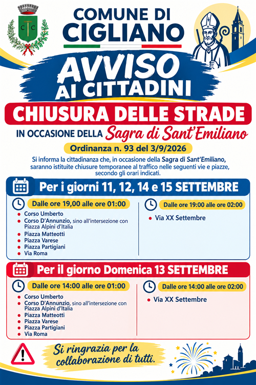 Avviso chiusura strade Sant'Emiliano 2026